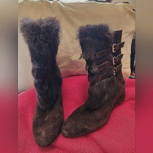 Taryn Rose Women's Horgeous Brown Rabbit fur Suede Boots 8.5